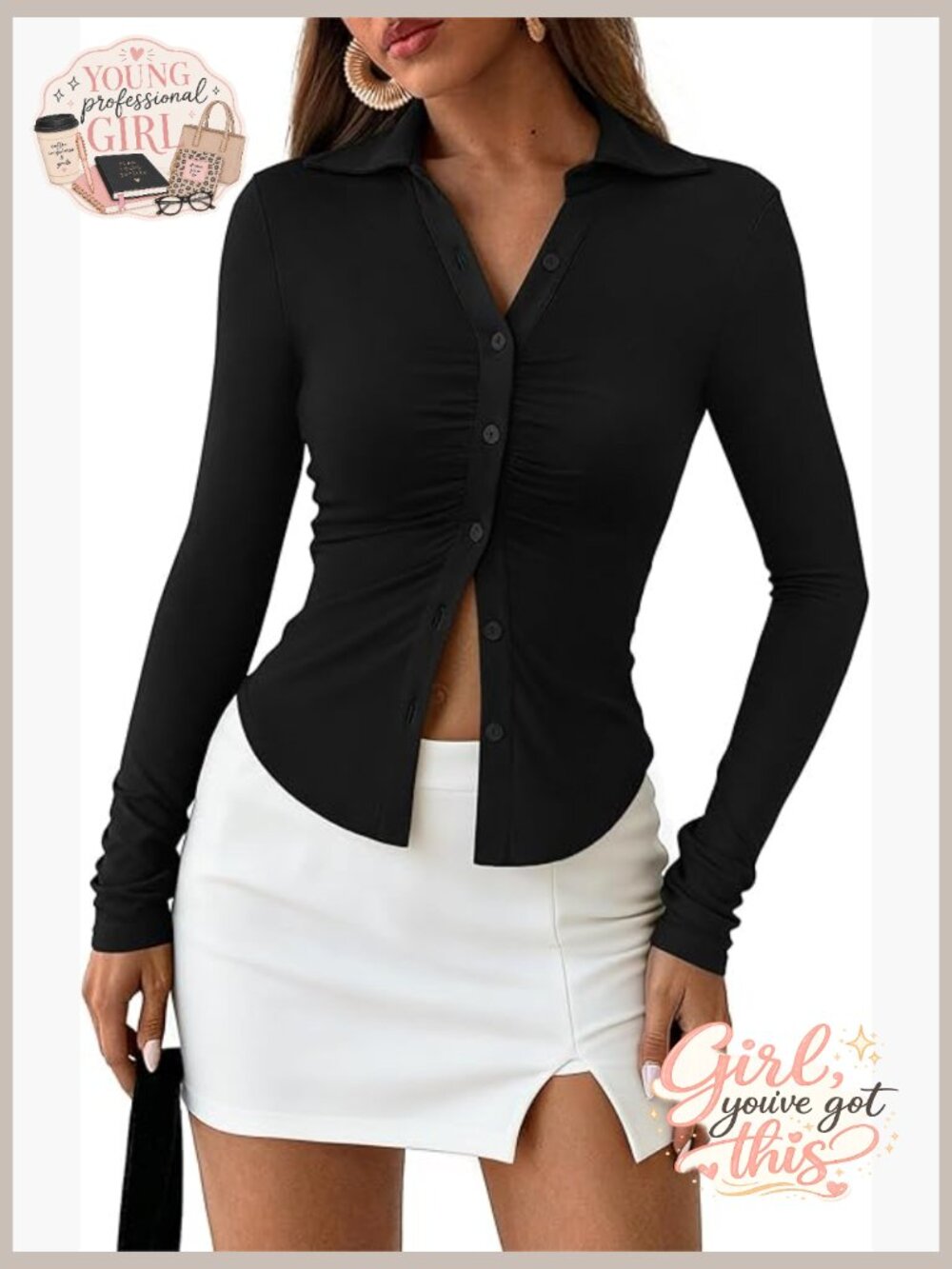 Button Down Shirt V Neck Collared Ruched Slim Fit Long Sleeve Blouse